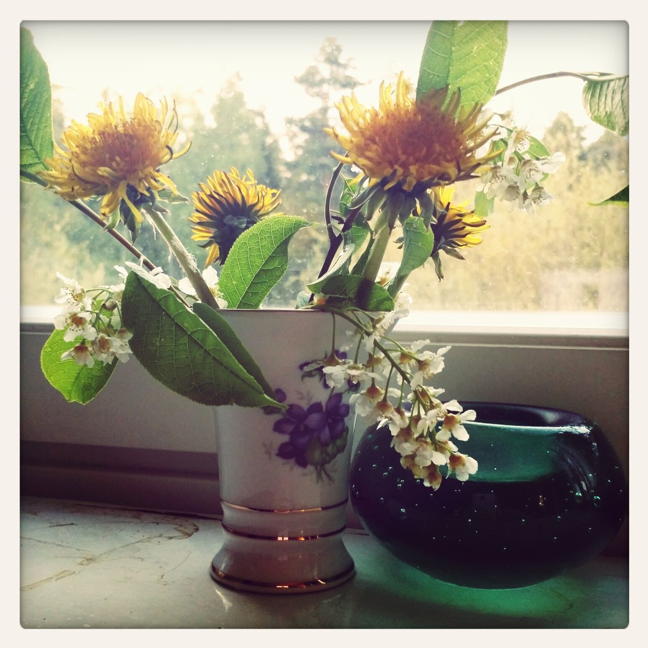 flower, vase, transfer print, potted plant, indoors, fragility, freshness, plant, glass - material, close-up, growth, auto post production filter, window sill, window, petal, flower head, home interior, flower pot, yellow, table