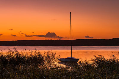 Scenic view of lake against orange sky