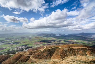Aerial view of landscape against cloudy sky