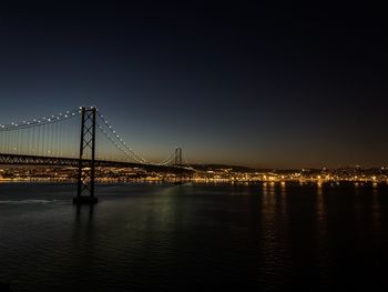 Suspension bridge over river at night