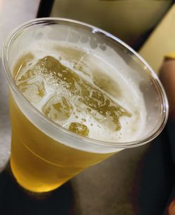 High angle view of beer glass on table