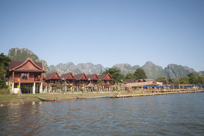 Houses by lake and buildings against clear sky