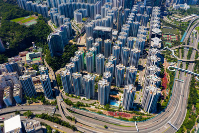 High angle view of modern buildings in city