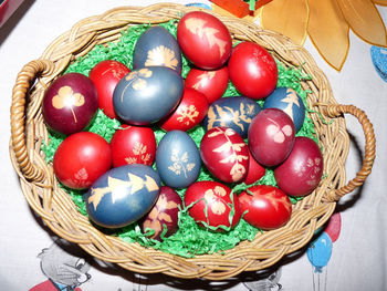 High angle view of eggs in basket on table