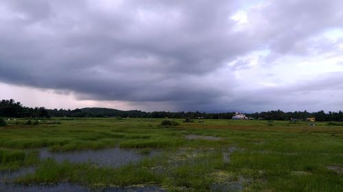 Scenic view of field against cloudy sky