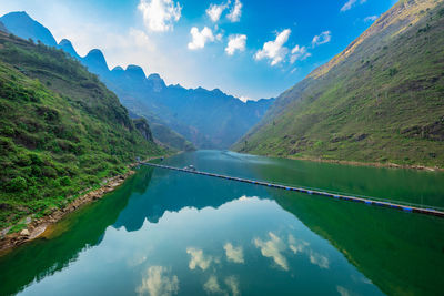 Scenic view of lake and mountains against sky