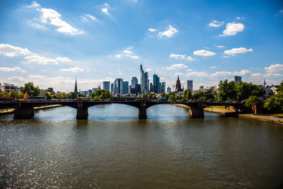 Bridge over river with buildings in background