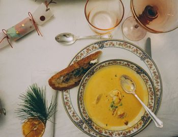 High angle view of meal served on table