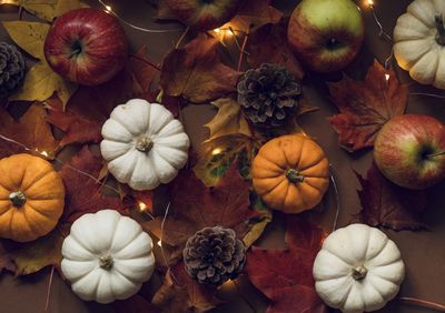 High angle view of pumpkins on table