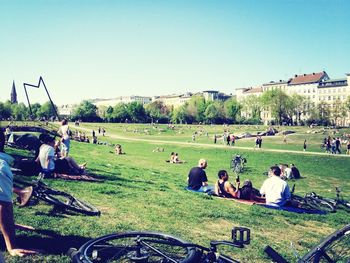 People relaxing on grassy field