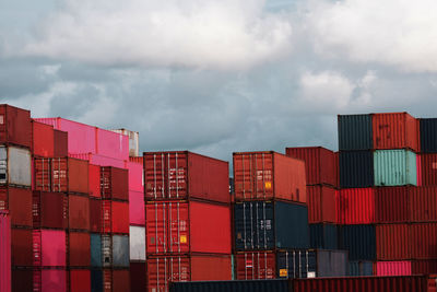 Stack of traffic on pier against sky