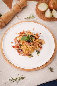 High angle view of food in plate on table