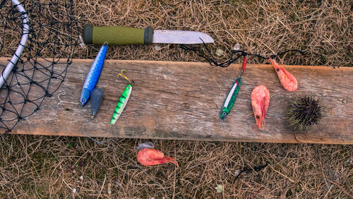 High angle view of fishing staff