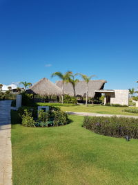 Built structure by trees against clear blue sky