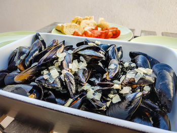 Close-up of food served on table