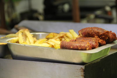 Close-up of food served on table