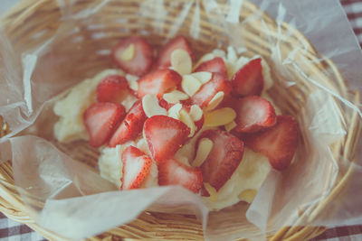 High angle view of strawberries in basket