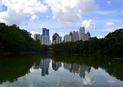 Reflection of buildings in lake