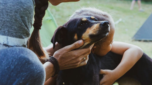 Midsection of man holding dog