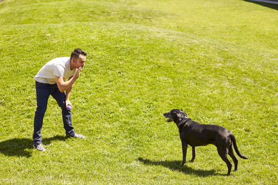 Full length of woman with dog on grass