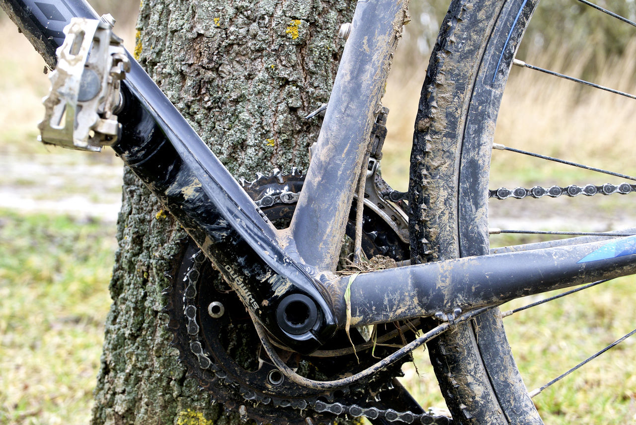 CLOSE-UP OF BICYCLE PARKED ON FIELD