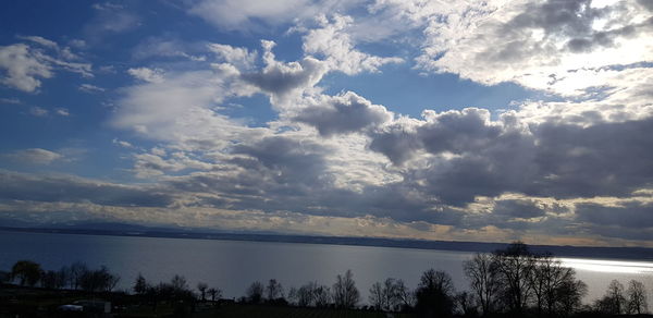 Scenic view of lake against cloudy sky