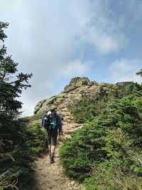 Rear view of man walking on trail against sky