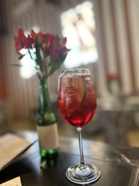 Close-up of wineglass on table