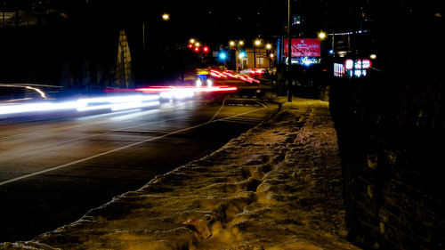 Light trails on road at night