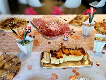 High angle view of food in plate on table