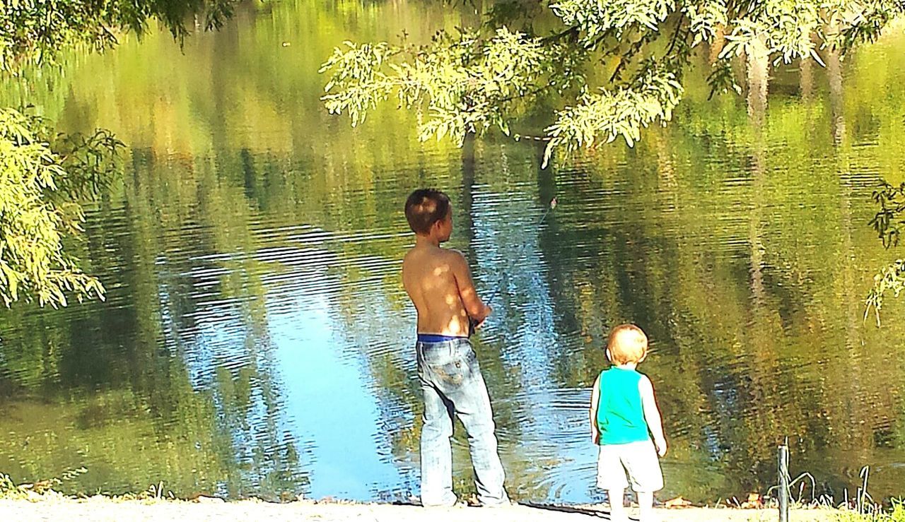 FULL LENGTH REAR VIEW OF FATHER AND SON ON LAKE