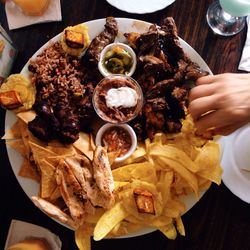 High angle view of food in plate on table