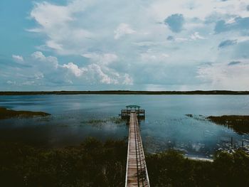 Scenic view of lake against cloudy sky