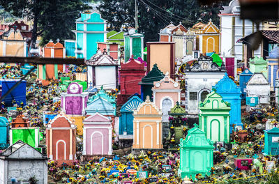 Multi colored building by trees and city