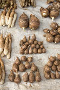 High angle view of fresh organic root vegetables on white tarpaulin at market