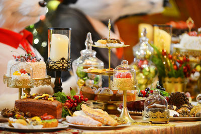 Close-up of desserts on table at christmas party