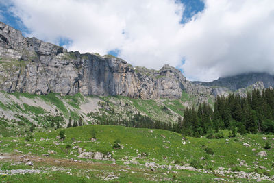 Scenic view of mountains against cloudy sky