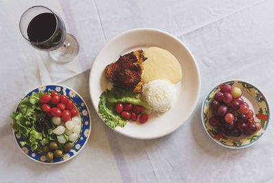 High angle view of breakfast served on table