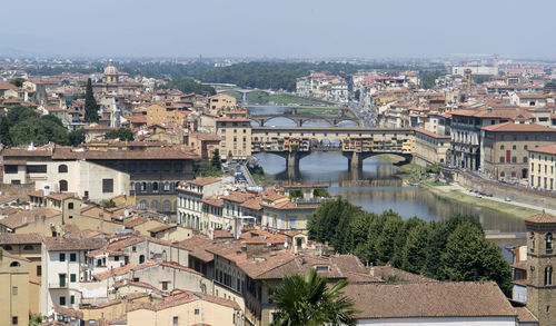 High angle view of buildings in city against sky