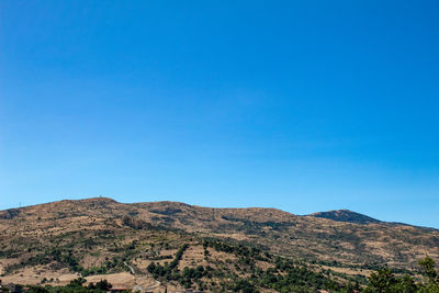 Scenic view of mountains against clear blue sky