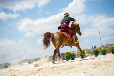 Man riding horse on sand against sky