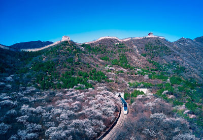 High angle view of the great wall and train under blue sky