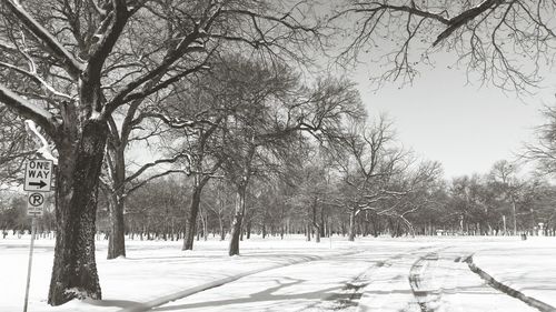 Snow covered road passing through forest