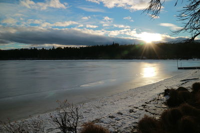 Scenic view of sunset over lake during winter