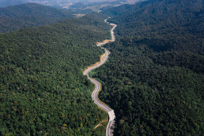 Long road curved in valley connecting countryside in the rainforest and the verdant hill forest 