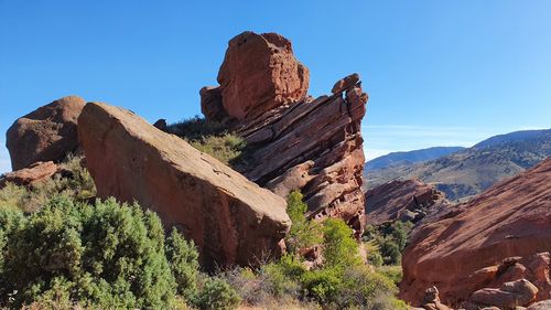 Rock formations against clear blue sky