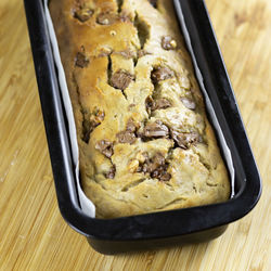 High angle view of bread in plate on table