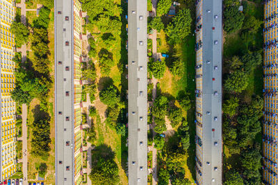 Drone view of long residential building , aerial view summer time