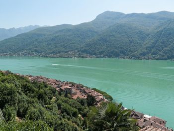 Scenic view of lake by mountains against sky