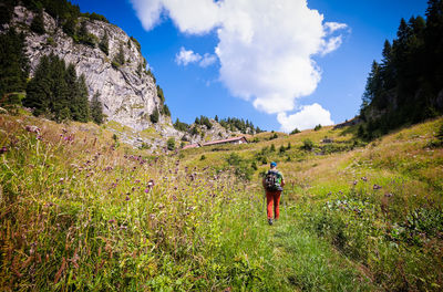 Rear view of man on mountain against sky